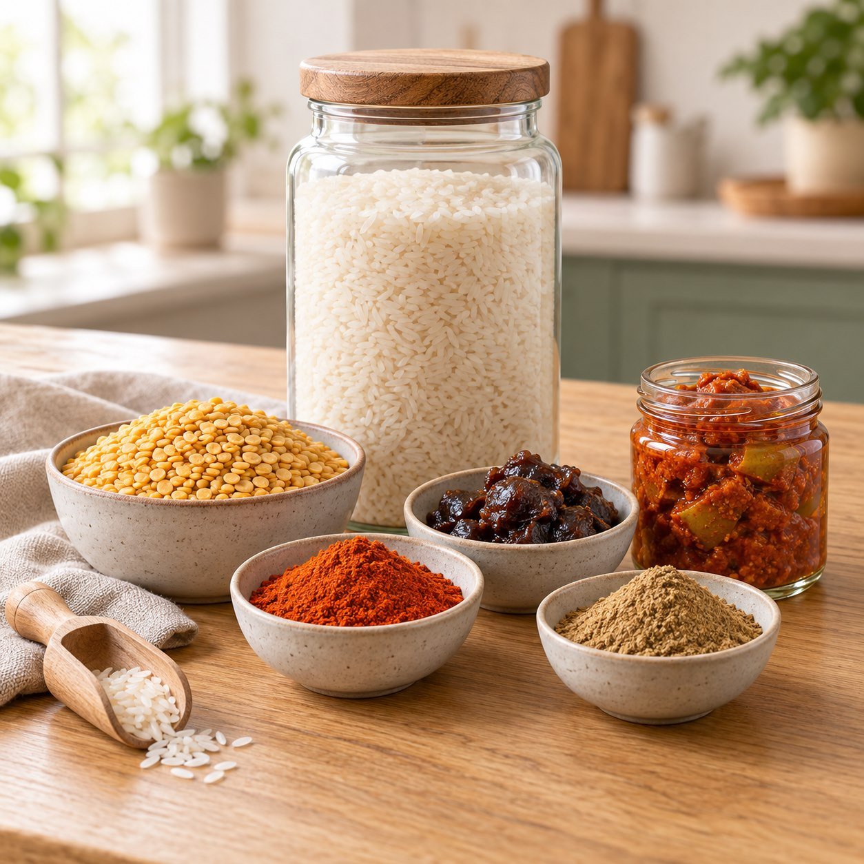 Rice, dal, masala, tamarind and pickle arranged as a family pantry bundle